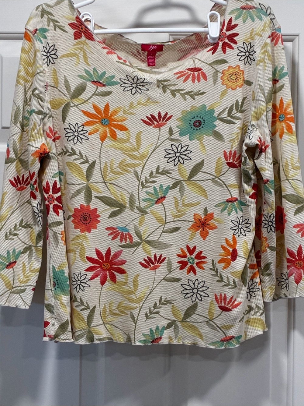 J. Jill Cream Floral Long-Sleeve Crewneck Top